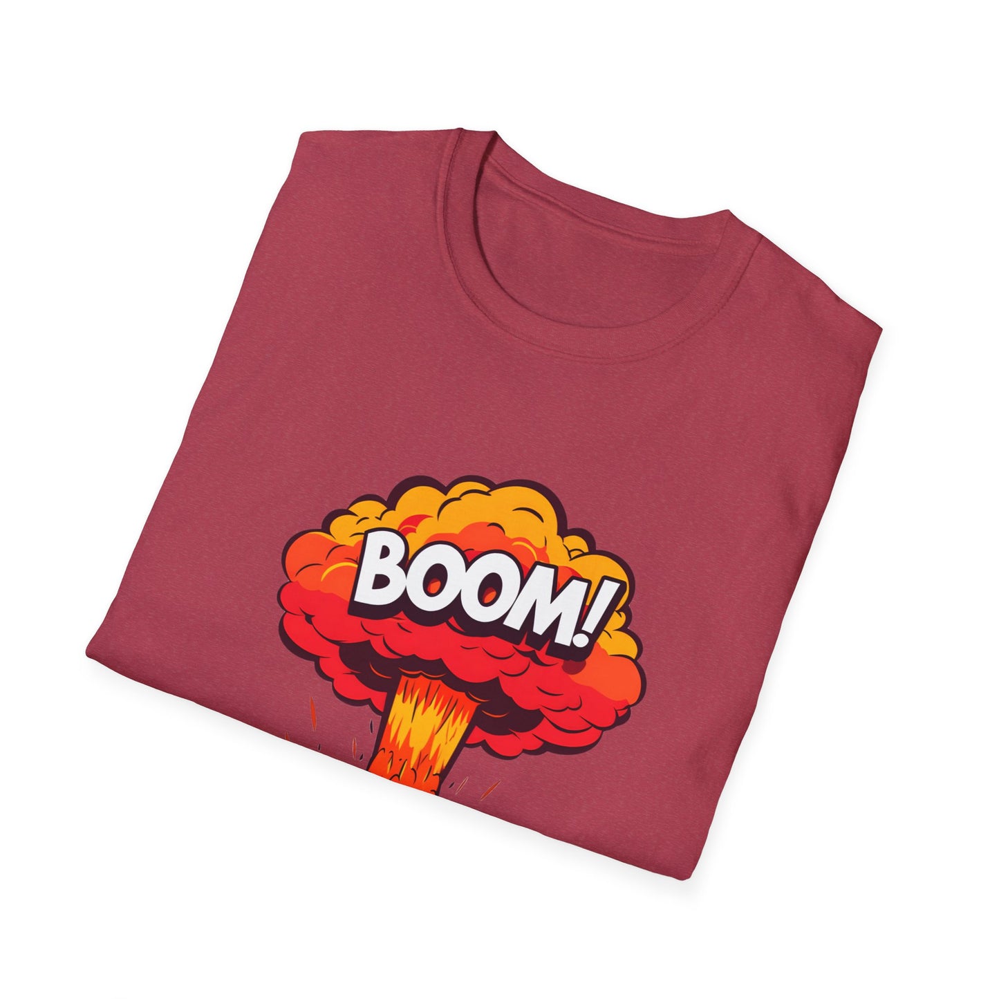 Boom Graphic Tee, Unisex Softstyle Shirt, Funny Casual Top, Gift for Him/Her, Retro Explosion Design