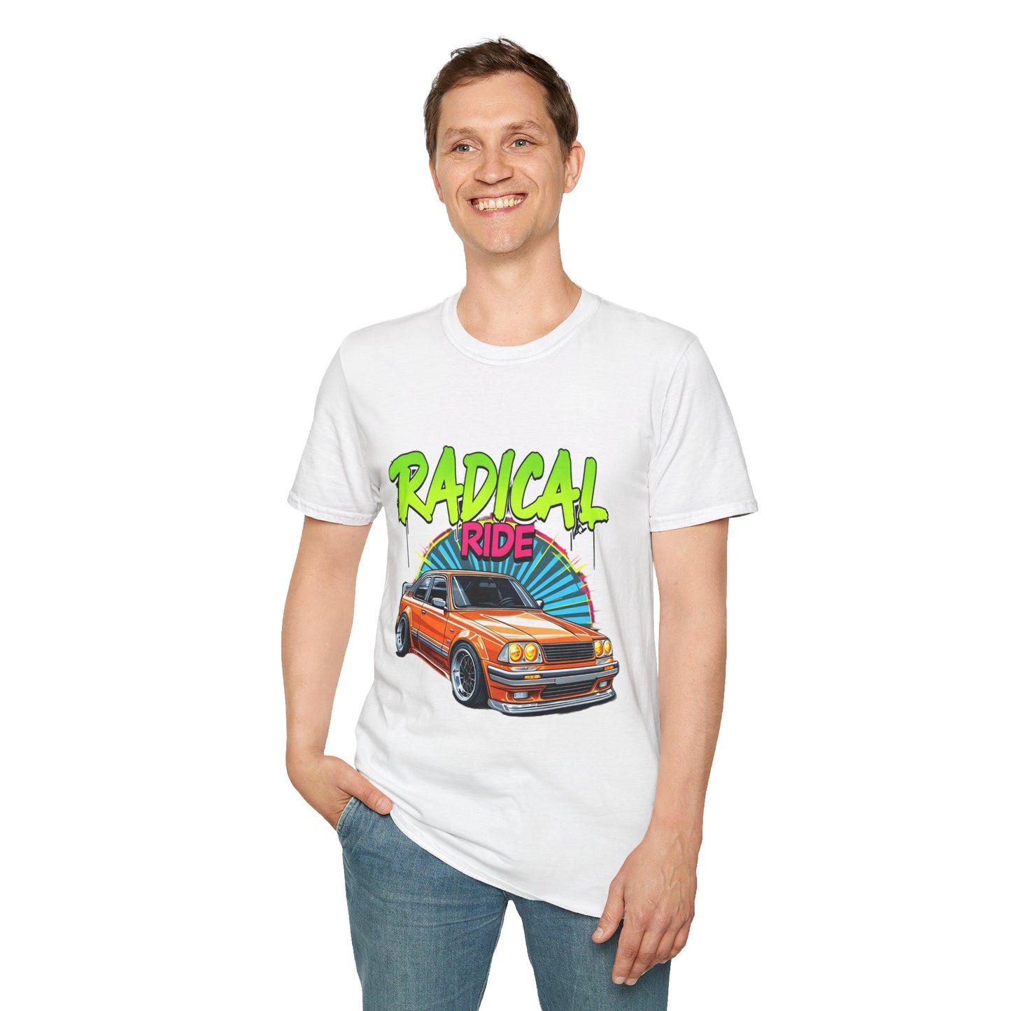 Retro Car T-Shirt, Unisex Softstyle Tee, Radical Ride Graphic Tee, Vintage Auto Apparel, Gift for Car Enthusiasts