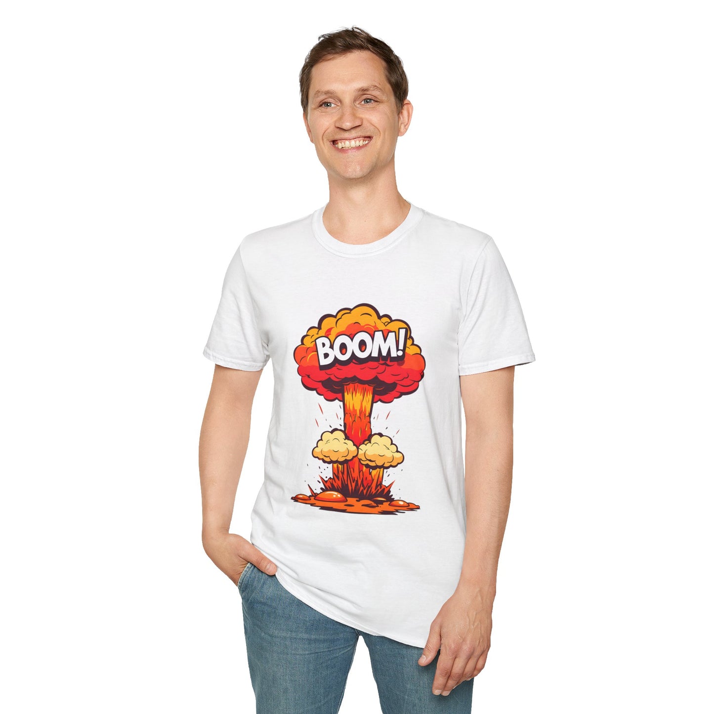 Boom Graphic Tee, Unisex Softstyle Shirt, Funny Casual Top, Gift for Him/Her, Retro Explosion Design