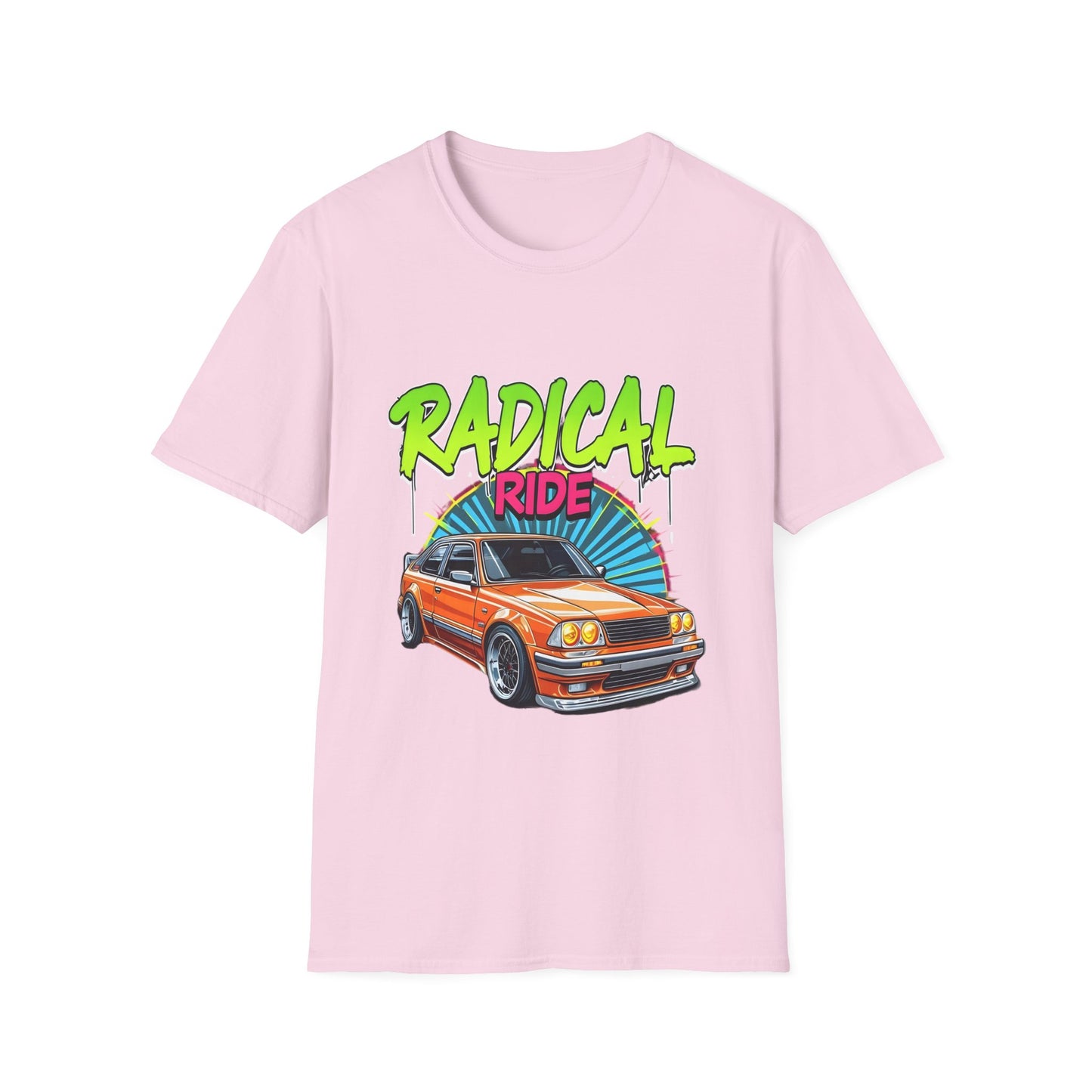 Retro Car T-Shirt, Unisex Softstyle Tee, Radical Ride Graphic Tee, Vintage Auto Apparel, Gift for Car Enthusiasts