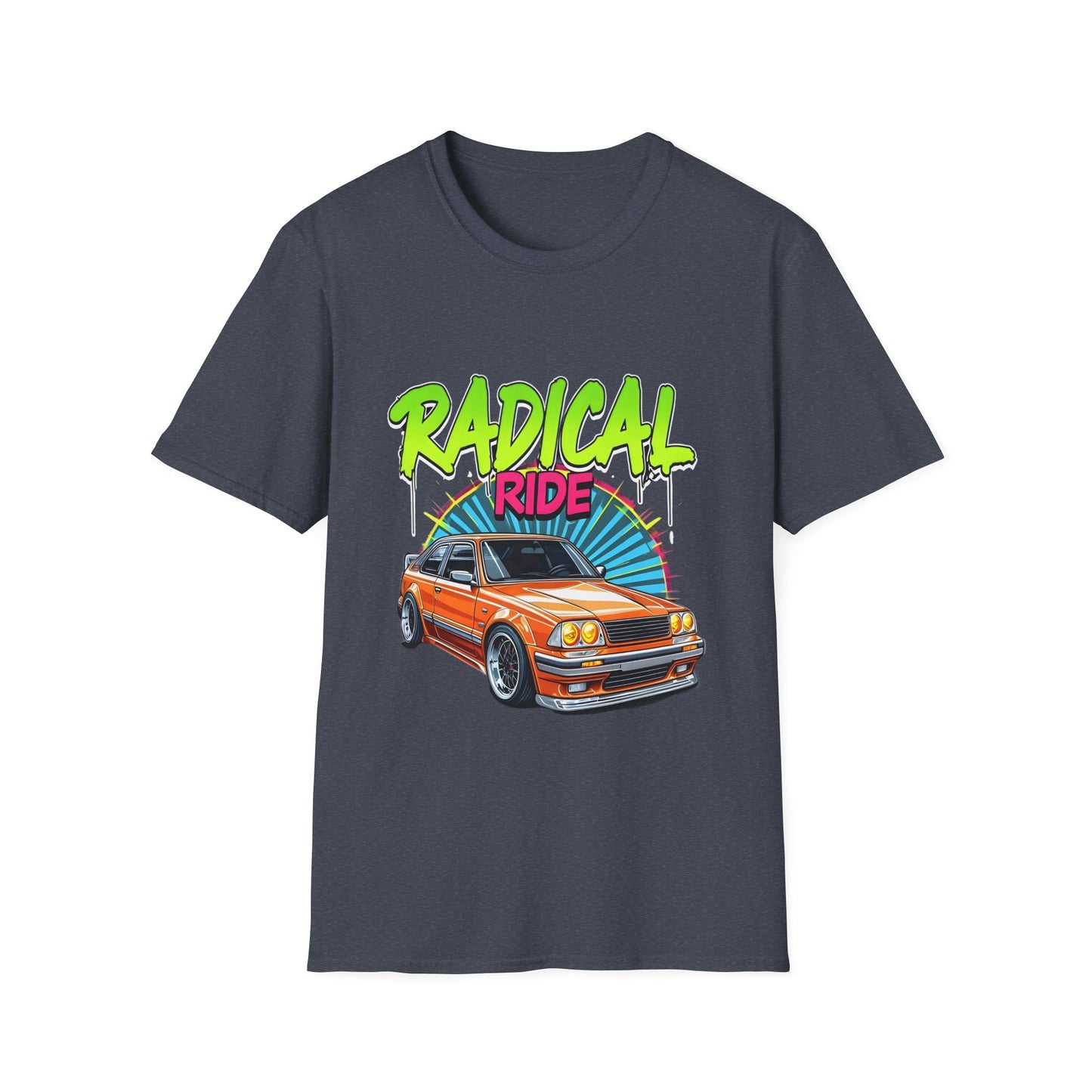 Retro Car T-Shirt, Unisex Softstyle Tee, Radical Ride Graphic Tee, Vintage Auto Apparel, Gift for Car Enthusiasts