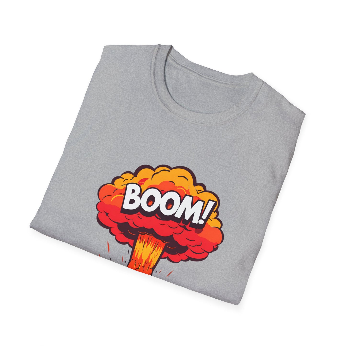 Boom Graphic Tee, Unisex Softstyle Shirt, Funny Casual Top, Gift for Him/Her, Retro Explosion Design