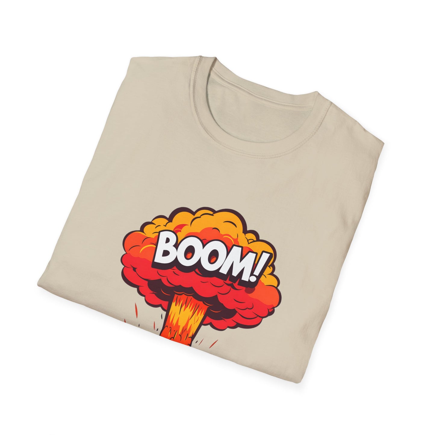 Boom Graphic Tee, Unisex Softstyle Shirt, Funny Casual Top, Gift for Him/Her, Retro Explosion Design