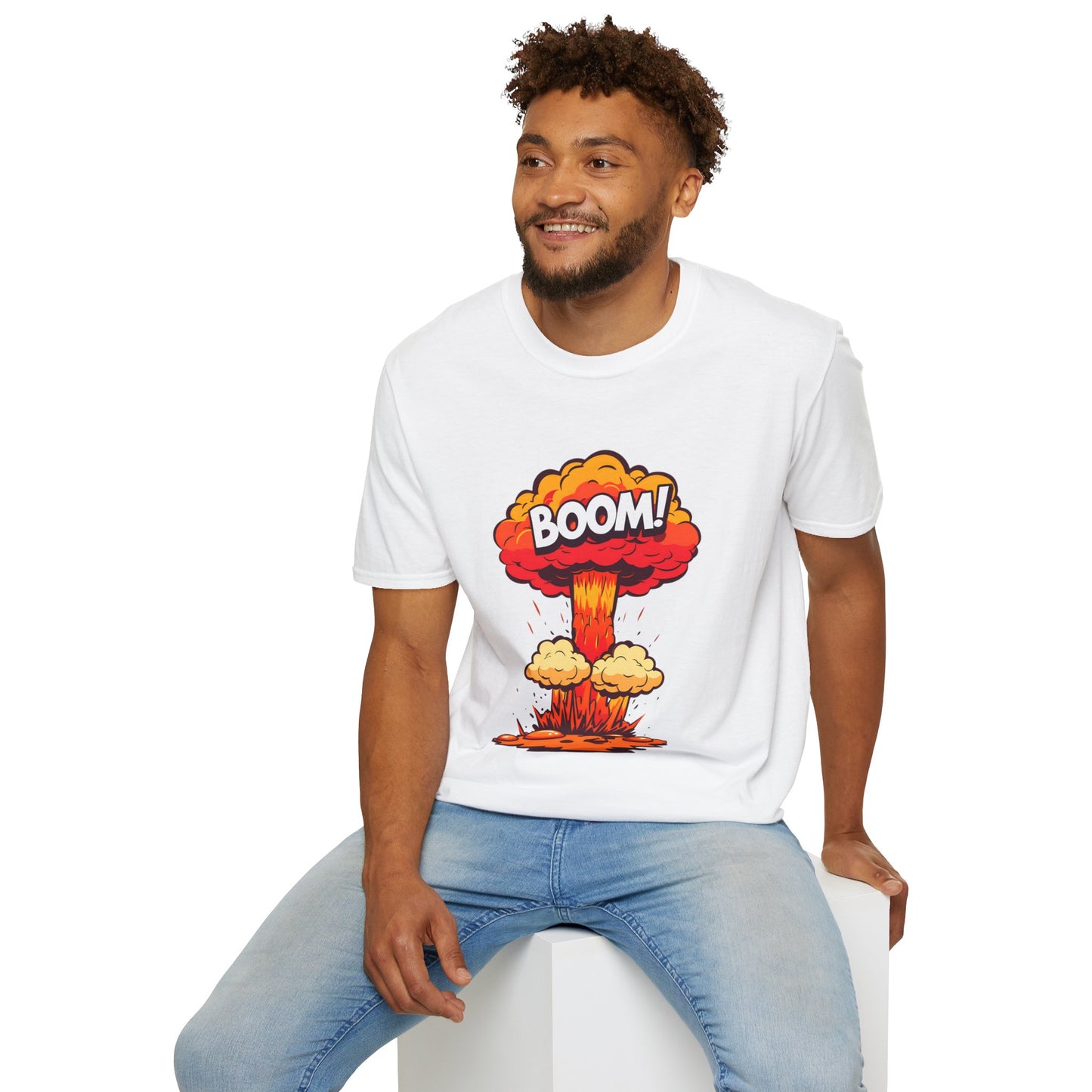 Boom Graphic Tee, Unisex Softstyle Shirt, Funny Casual Top, Gift for Him/Her, Retro Explosion Design
