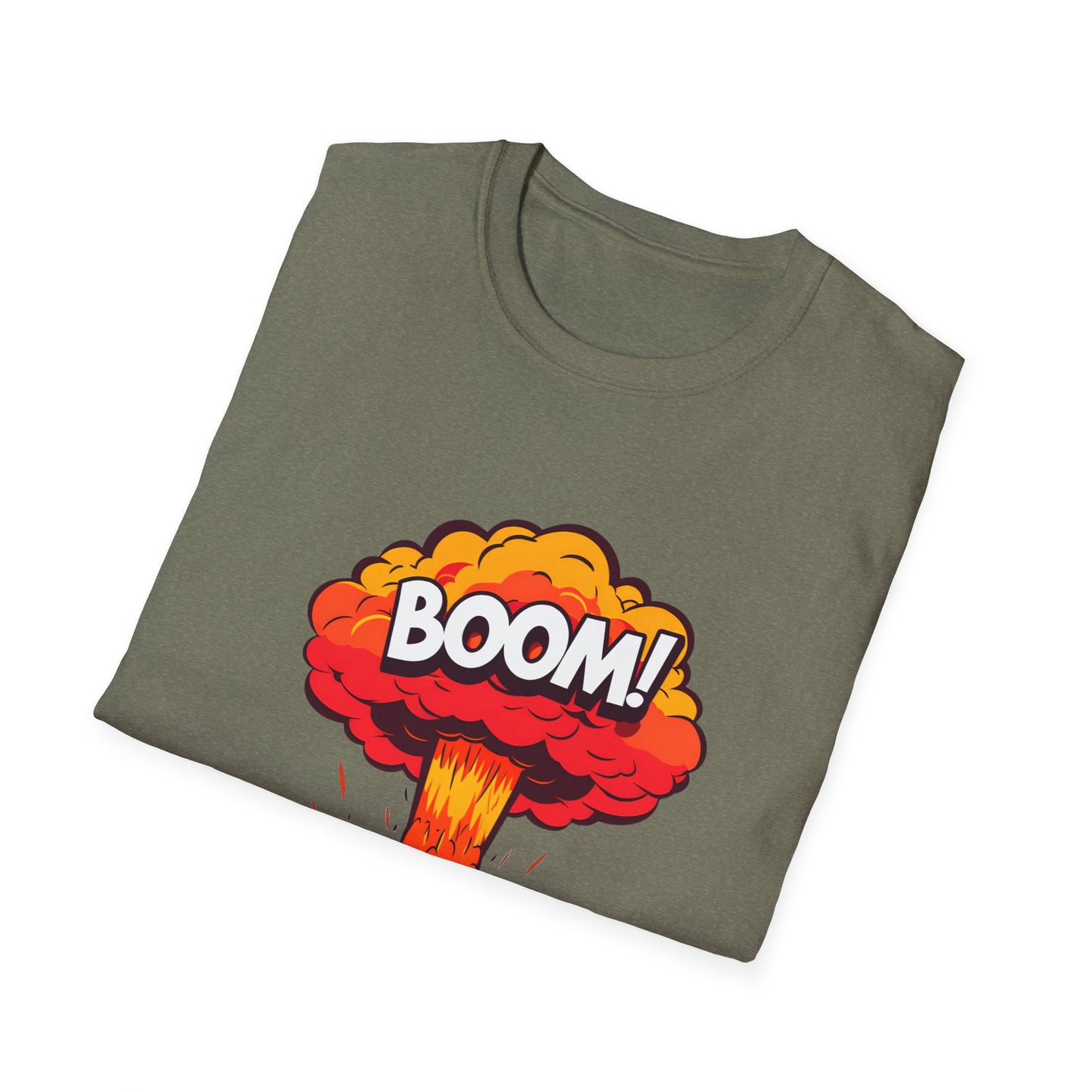 Boom Graphic Tee, Unisex Softstyle Shirt, Funny Casual Top, Gift for Him/Her, Retro Explosion Design