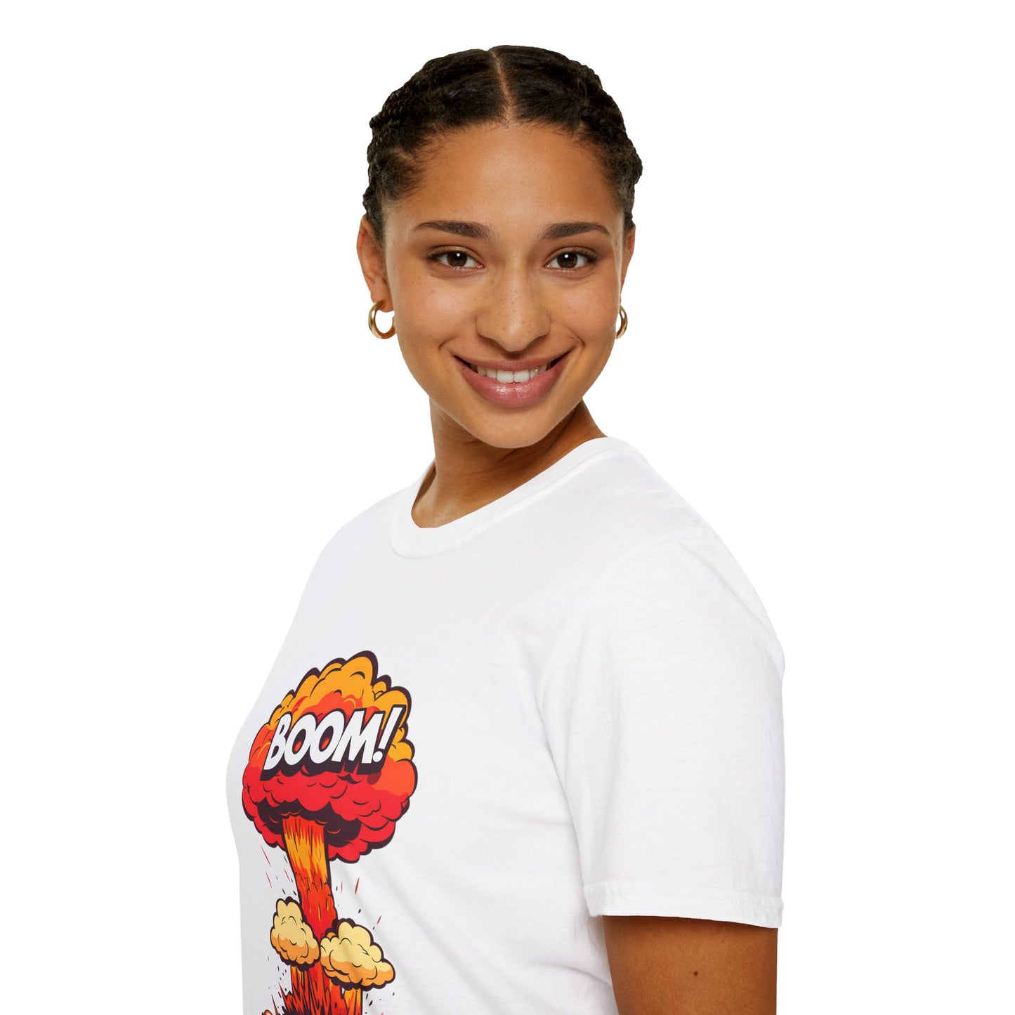 Boom Graphic Tee, Unisex Softstyle Shirt, Funny Casual Top, Gift for Him/Her, Retro Explosion Design