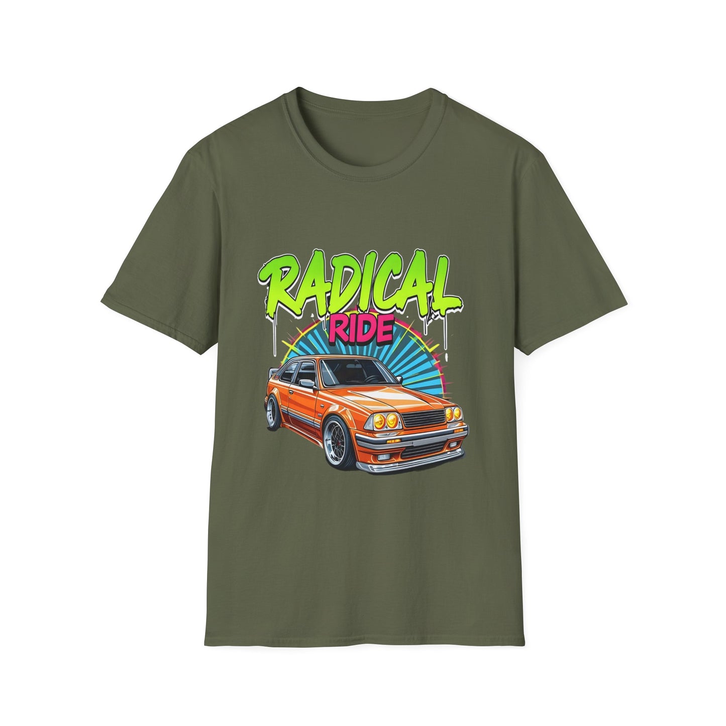 Retro Car T-Shirt, Unisex Softstyle Tee, Radical Ride Graphic Tee, Vintage Auto Apparel, Gift for Car Enthusiasts