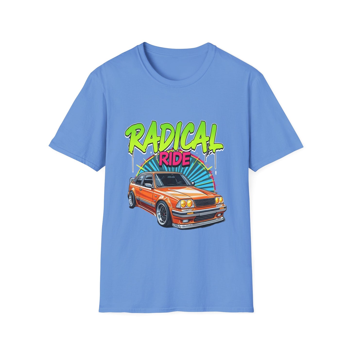 Retro Car T-Shirt, Unisex Softstyle Tee, Radical Ride Graphic Tee, Vintage Auto Apparel, Gift for Car Enthusiasts
