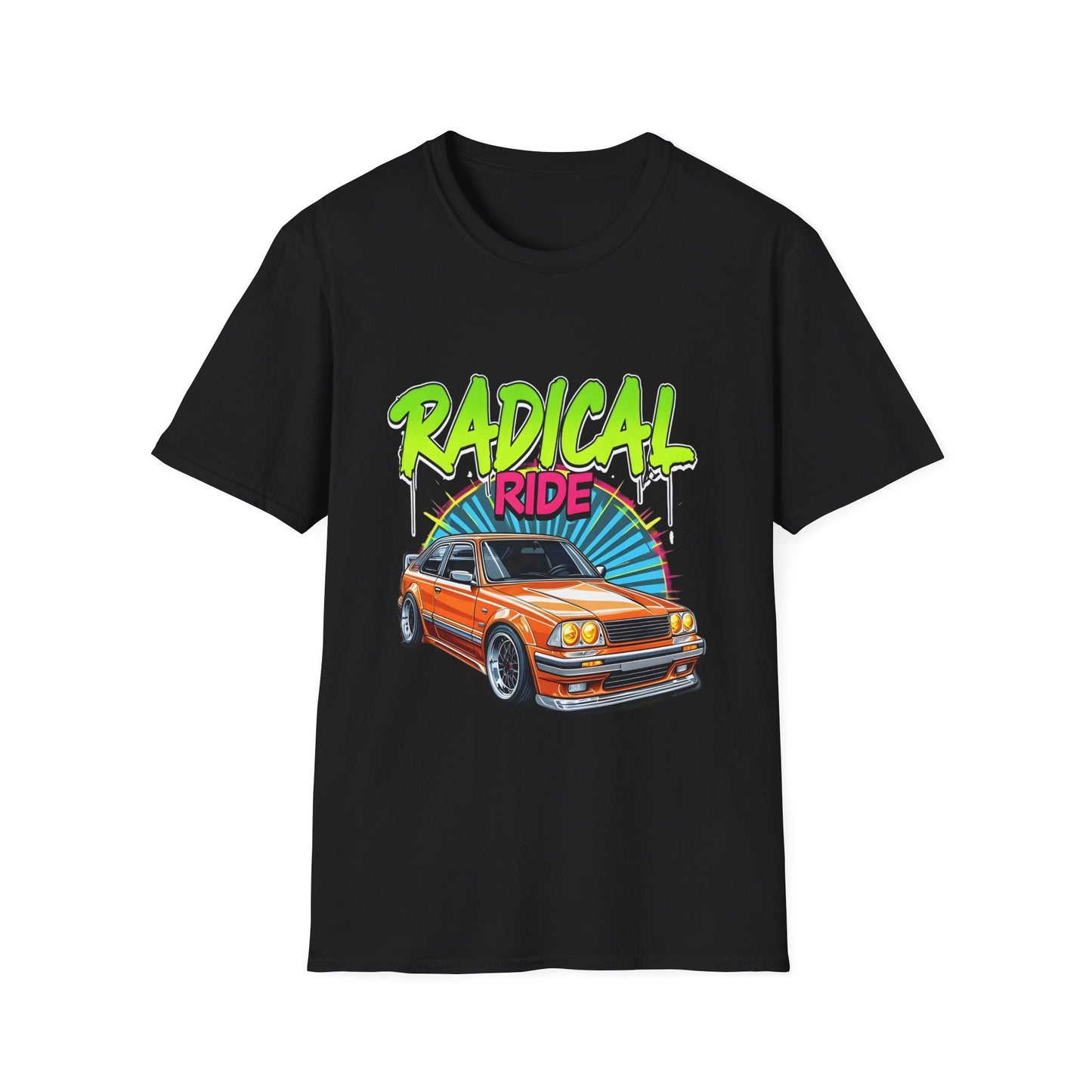 Retro Car T-Shirt, Unisex Softstyle Tee, Radical Ride Graphic Tee, Vintage Auto Apparel, Gift for Car Enthusiasts
