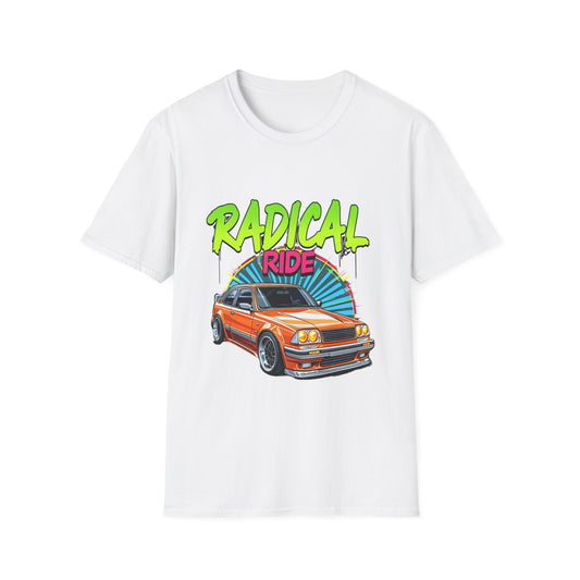 Retro Car T-Shirt, Unisex Softstyle Tee, Radical Ride Graphic Tee, Vintage Auto Apparel, Gift for Car Enthusiasts