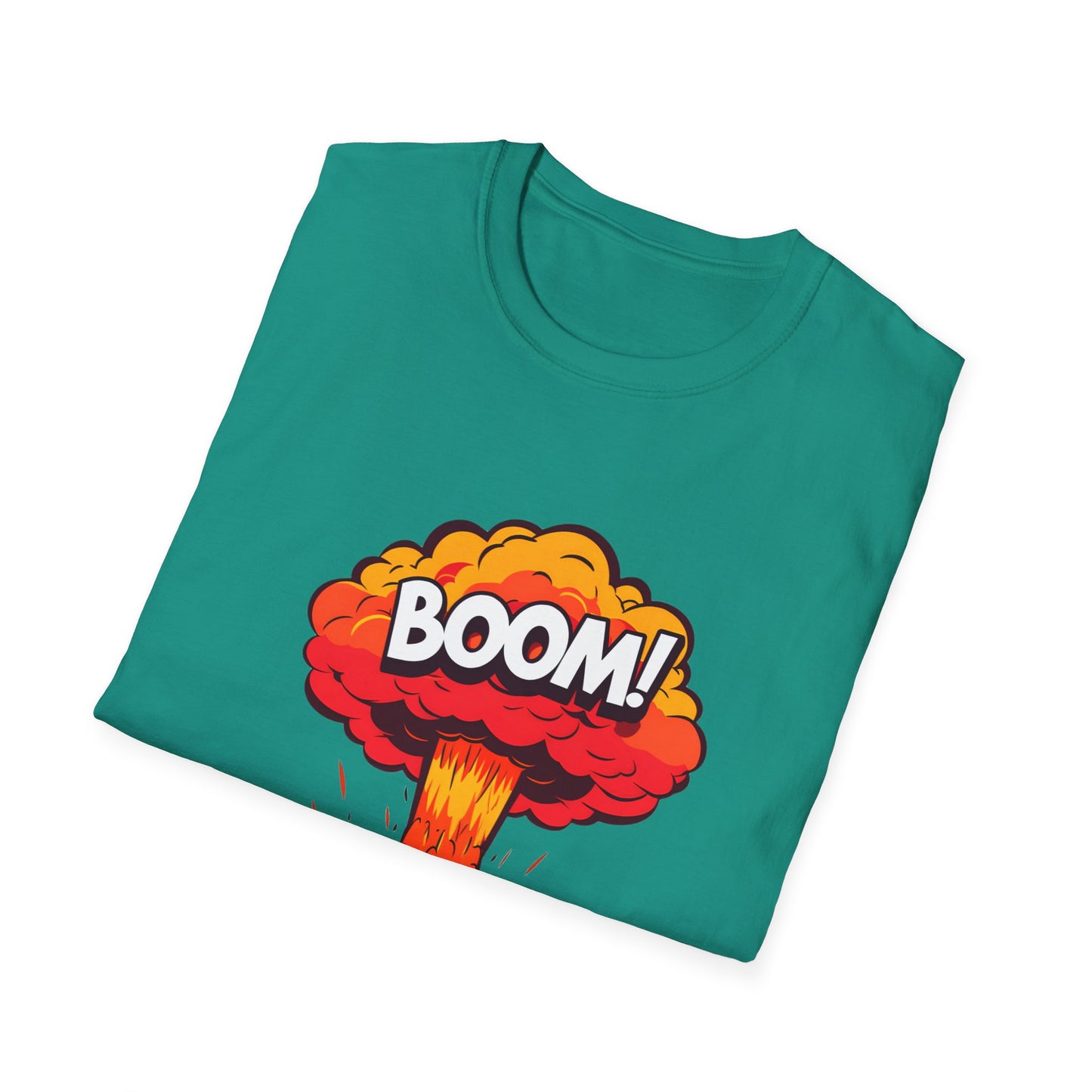 Boom Graphic Tee, Unisex Softstyle Shirt, Funny Casual Top, Gift for Him/Her, Retro Explosion Design